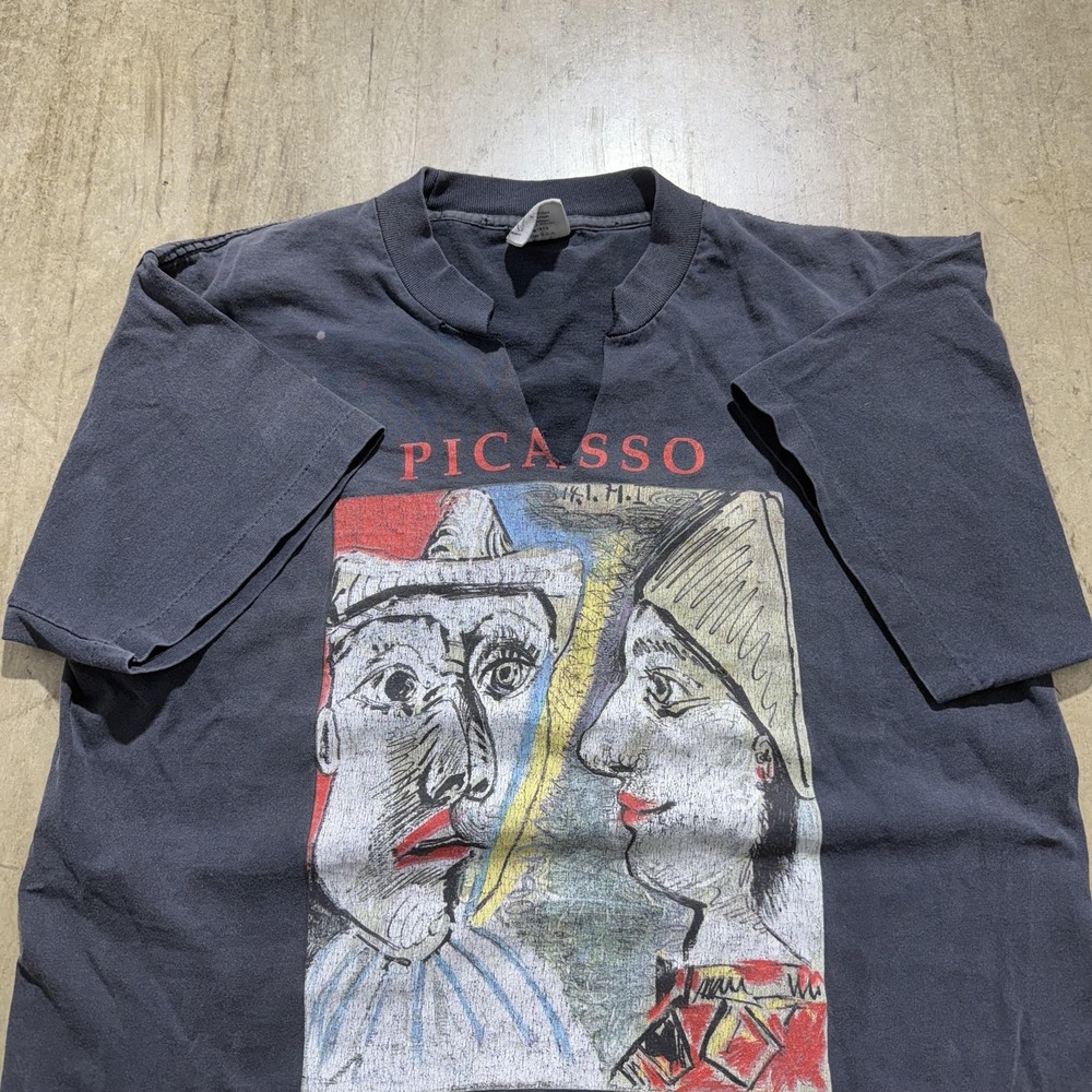 Vintage Pablo Picasso Shirt Mens Large Black Pierrot Harlequin Graphic Art 90s
